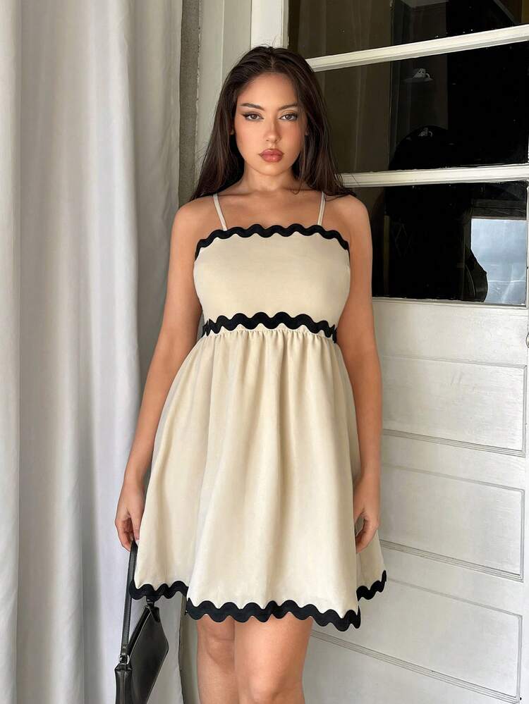 Women's Color Block Woven Ribbon Patchwork Umbrella Dress Spaghetti Strap Dress For Vacation, Date And Wedding Season