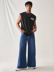 Manfinity Hypemode Jeans vaqueros de pierna ancha personalizados para hombres, azul desgastado retro - Azul - Ver 4