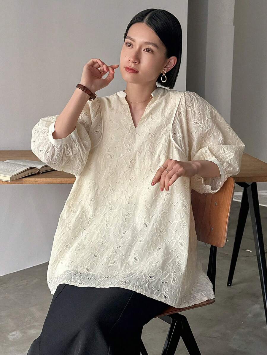 FRIFUL Women's Solid Color Textured Notched Neck Lantern Sleeve Shirt - Apricot - View 1