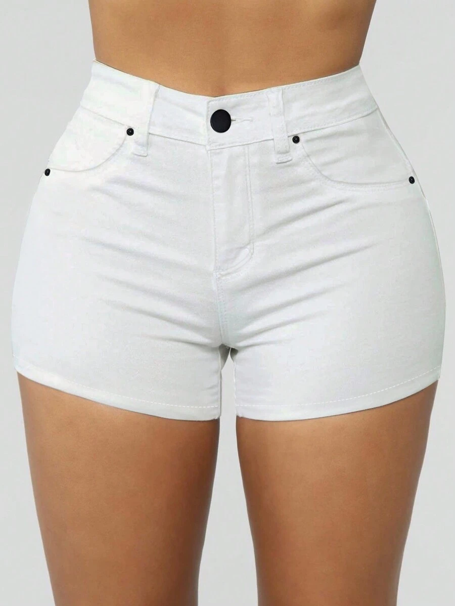 Street Style Solid Color High Waist Slant Pocket Elastic Fitted Mini Shorts, Casual Daily Wear Summer - White - View 1