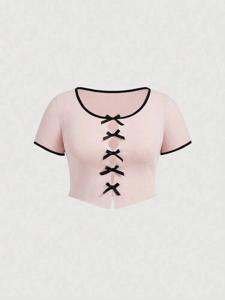 Plus Size Women's Color Block Knitted Top With Bowknot Detail For Spring