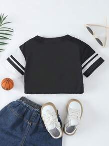 SHEIN Cô Gái Trẻ Phong Cách Đường Phố Đen Trắng Khối Màu In Chữ Áo Sơ Mi Ngắn Tay Ngoại Cỡ, Thích Hợp Trong Mùa Hè - Đen và trắng - Xem 2