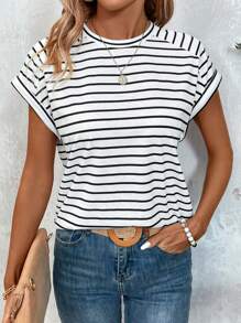 SHEIN LUNE Striped Round Neck Raglan Sleeve T-Shirt - Black and White - View 2