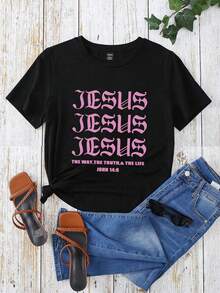 Kurzärmliges Damen-t-shirt Mit Bedrucktem Slogan - Schwarz - Übersicht 3