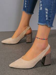 Zapatos sin respaldo de punta afilada con tacón grueso y tacón alto de bloqueo de color para mujer, para primavera/verano/otoño - Beis - Ver 6