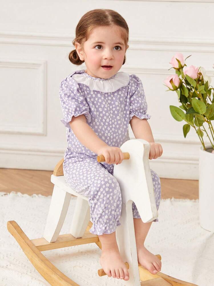 Baby Girl Cute And Elegant Knitting Jumpsuit With Lotus Leaf Collar And Bubble Short Sleeve, Home Wear