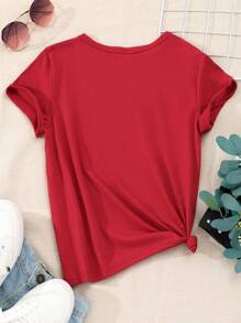 SHEIN Tween Girls' Slogan & Basketball Print Round Neck Short Sleeve T-Shirt - Red - View 2