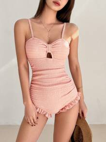 DAZY Bộ đồ bơi liền mảnh họa tiết màu trơn dành cho nữ có dây mảnh mùa hè - Hồng - Xem 3