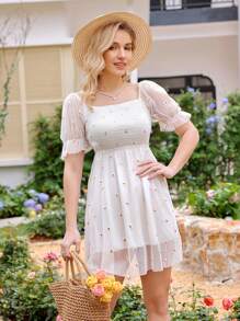 SHEIN VCAY Lưới Màu sắc tùy ý Thêu tương phản Bong bóng Tay áo Đầm - trắng - Xem 3