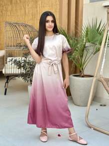 SHEIN Tween Girls' Ombre Belted Short Sleeve Dress - Multicolor - View 1