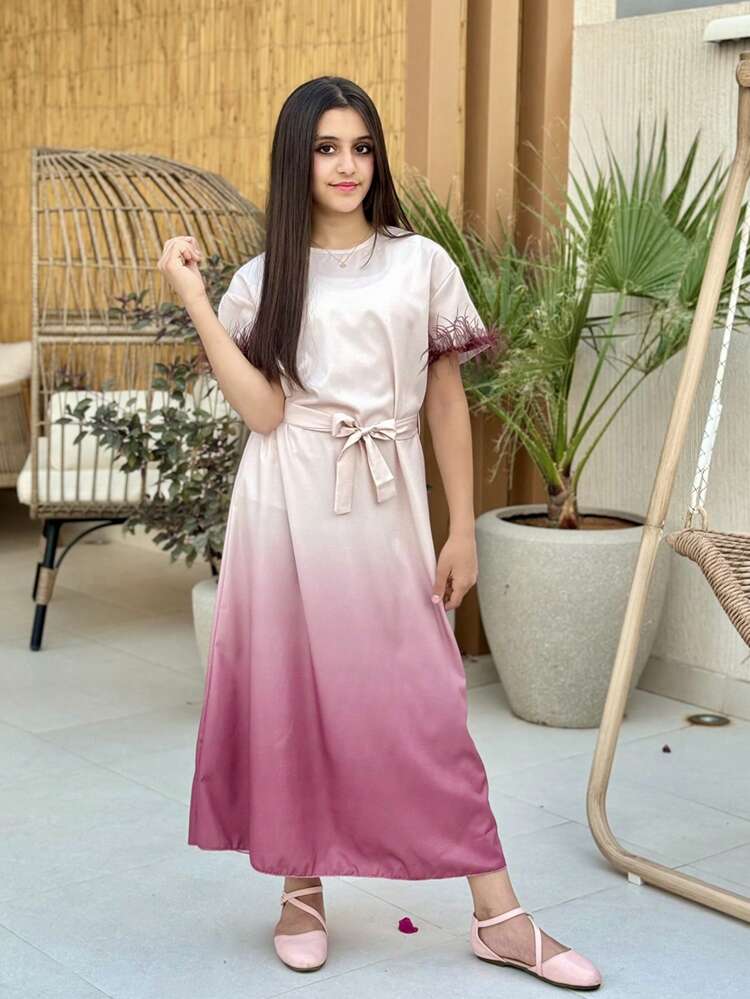 Tween Girls' Ombre Belted Short Sleeve Dress