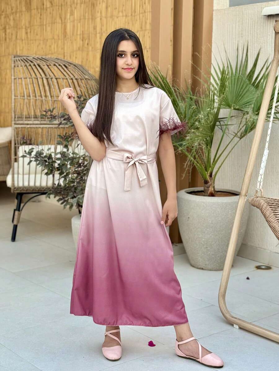 SHEIN Tween Girls' Ombre Belted Short Sleeve Dress - Multicolor - View 1