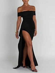 INAWLY 女士纯色露肩高开叉连衣裙，女士性感水钻，褶饰，开叉大腿短袖露肩修身长款黑色蝙蝠袖心形，纯色紧身女式长裙，春季/秋季，派对/夜总会服装 - 黑色 - 查看 3