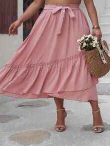 Fusta largi de marime uni, cu volane si chenar decorativ - Roz - Vizualizare 3