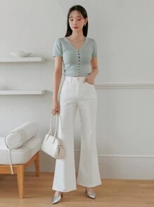 DAZY 纯色针织短袖 V 领纽扣女式夏季上衣 - 綠色 - 查看 3