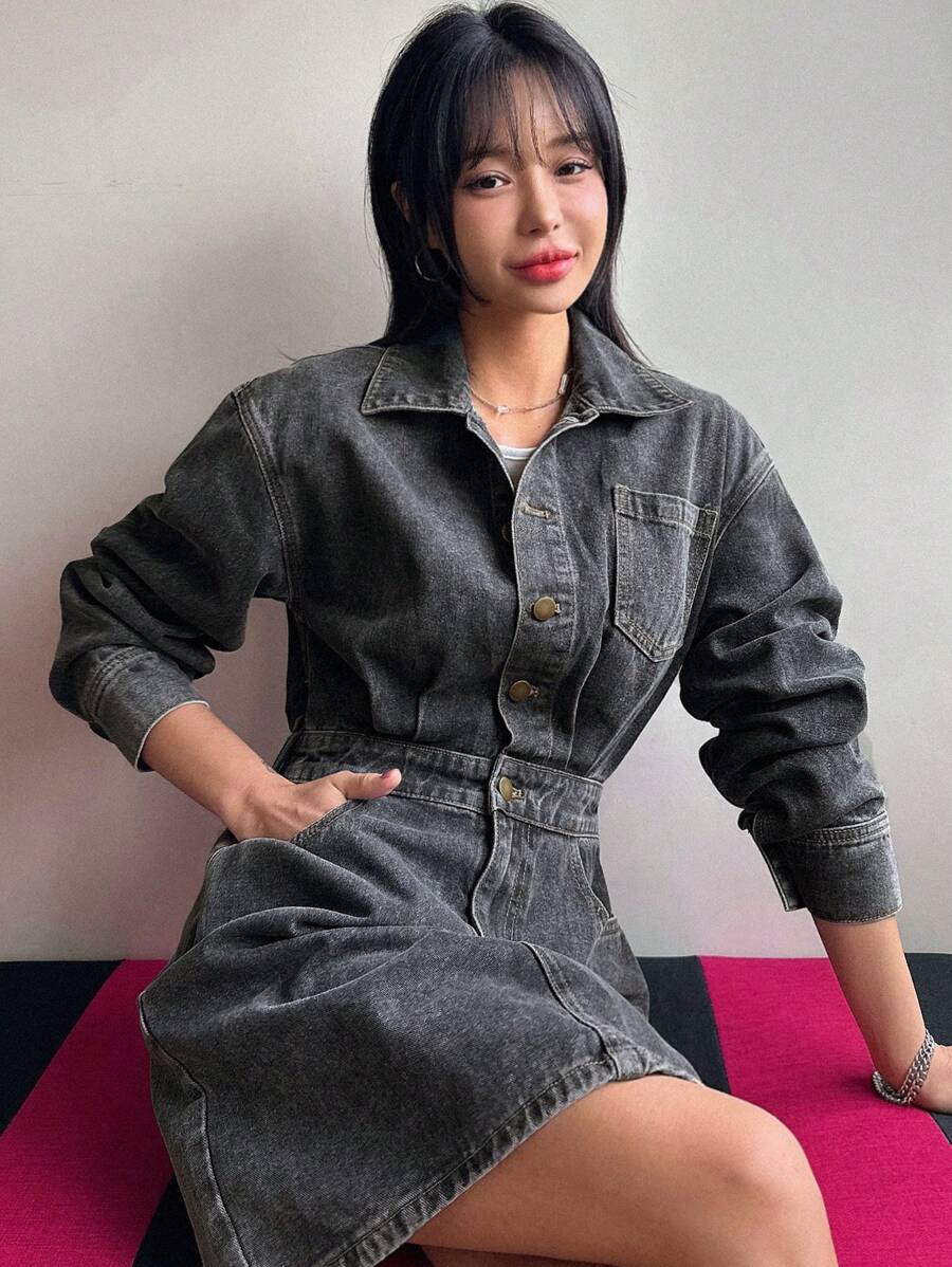 DAZY 女士前鈕牛仔連衣裙 - 灰色 - 查看 1