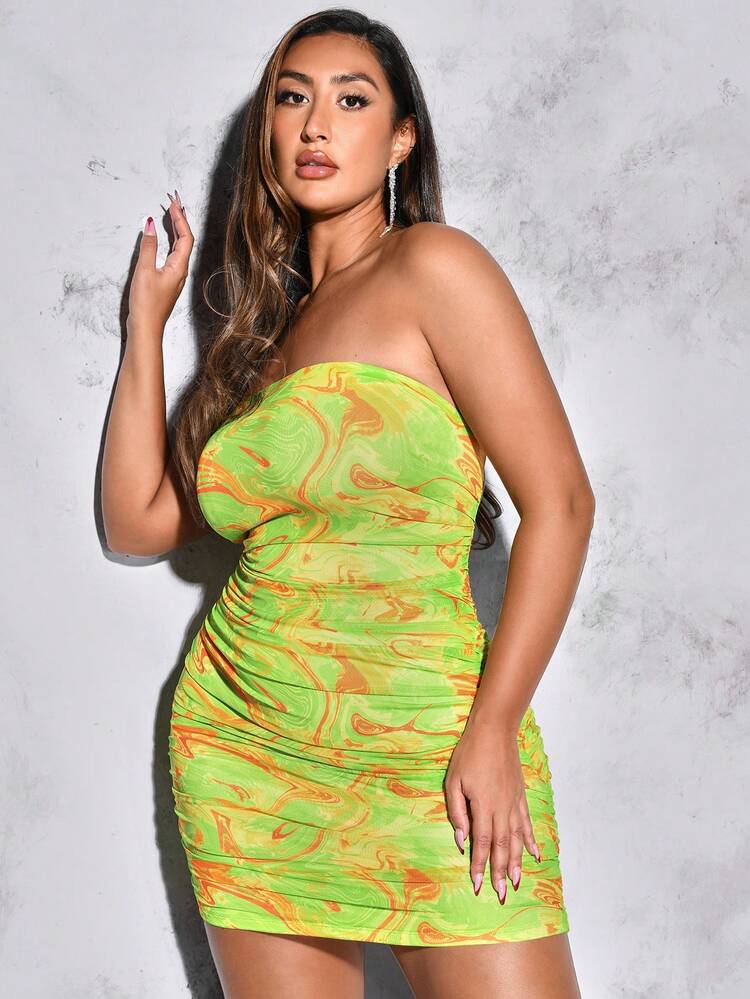 Plus Size Women's Marble Printing Backless Cross Strappy Mesh Pleated Strapless Sexy Mini Dress
