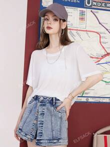 ELFSACK Knit T-Shirt Loose Suncare Tops Woman 2023 Summer Soild Colour Daily Tops