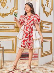 SHEIN Tween Girl Casual Round Neck Bubble Sleeve Patchwork A-Line Dress - Red - View 3