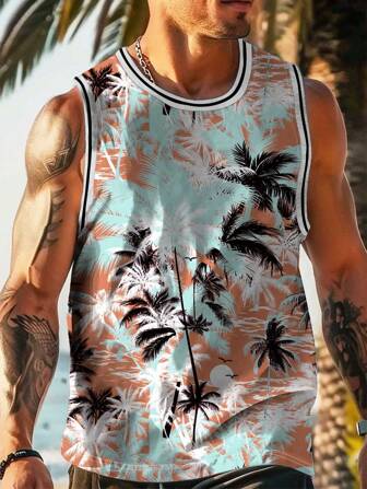Manfinity RSRT Men's Casual Coconut Tree Print Tank Top , Sleeveless Graphic Colorful Teal Tropical Beach Tropical Outfit For Menmen Vacation Clothesmens Beach Wear
