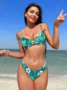 SHEIN Swim Summer Beach Tropical Print Underwire Design Swimwear Set - Green - View 11