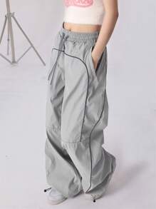 Drawstring Waist Wide Leg Trousers - Grey - View 4