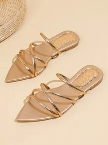 女士平底凉鞋尖头玫瑰金时尚沙滩凉鞋 - 金色 - 查看 1