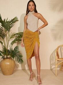 Hauture Women's Solid Colored Asymmetrical Hem Draped Skirt