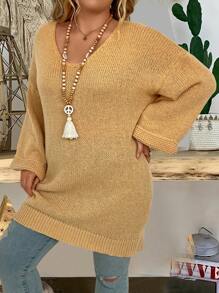 SHEIN LUNE Plus Size Women's Drop Shoulder Mid-Length Sweater Knit Pullover Fall Winter Outfit - Yellow - View 3