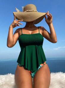 SHEIN Swim 女士纯色细肩带上衣和全身印花三角泳装套装，海滩装分体式泳衣套装夏季，夏季海滩 - 綠色 - 查看 1