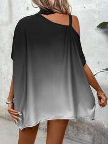 SHEIN LUNE 字母圖案漸變不對稱領口鄉村音樂節襯衫 - 黑色 - 查看 2