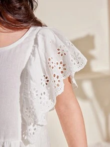 SHEIN Young Girl Lovely Light Palace Style Round Neck Ruffle Trim Jumpsuit - White - View 7