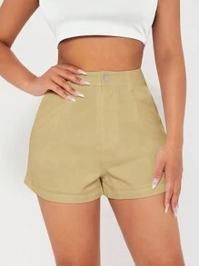 SHEIN PETITE Women's Solid Color Shorts With Pockets - Khaki - View 1