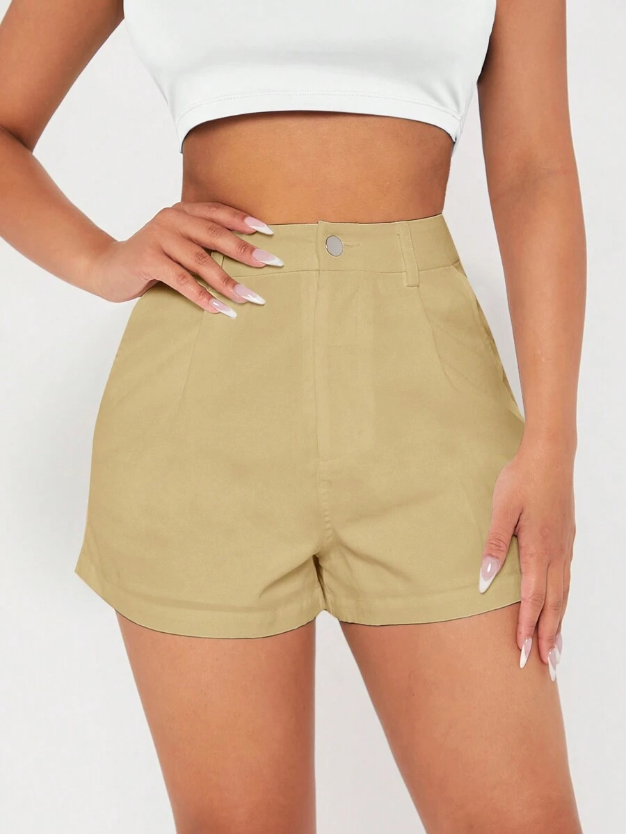 SHEIN PETITE Women's Solid Color Shorts With Pockets - Khaki - View 1