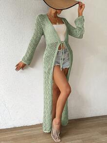 Breezaya 女士實色綁帶前開空心針織外套 - 綠色 - 查看 7