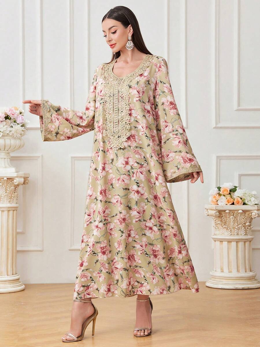Al Najma Women's Elegant Arabic Suit With Embroidered Floral Pattern, Modest Kaftan - Green - View 1