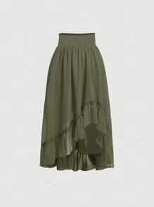 SHEIN MOD 宽腰带荷叶边对称下摆长裙 - 軍綠色 - 查看 1