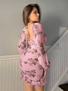 SHEIN Privé 女性聖誕節/情人節派對柔軟浪漫優雅印花裙子,配褶皺 - 粉色 - 查看 2