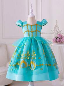 Young Girls Glitter Print Princess Party Dress, Suitable For Birthday, Wedding And Stage Performances - Green - View 6