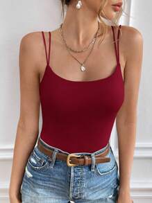 SHEIN Frenchy Ladies' Solid Color Double Shoulder Strap Camisole With Chest Padding Summer Top Vacation Clothes - Burgundy - View 6
