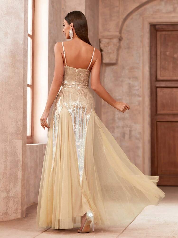 Women's Bridesmaid Dress, Spaghetti Straps, Sequined Mesh With Tiered Hem