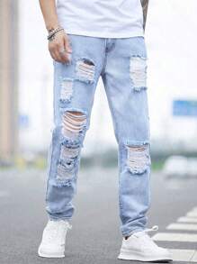 Manfinity Roghcode Calça Denim Masculina de Algodão Rasgada Reta Corte Longo, Denim Azul Liso com Bolsos, Ideal para Festas e Para Uso Diário. - Lavagem clara - Visão 5