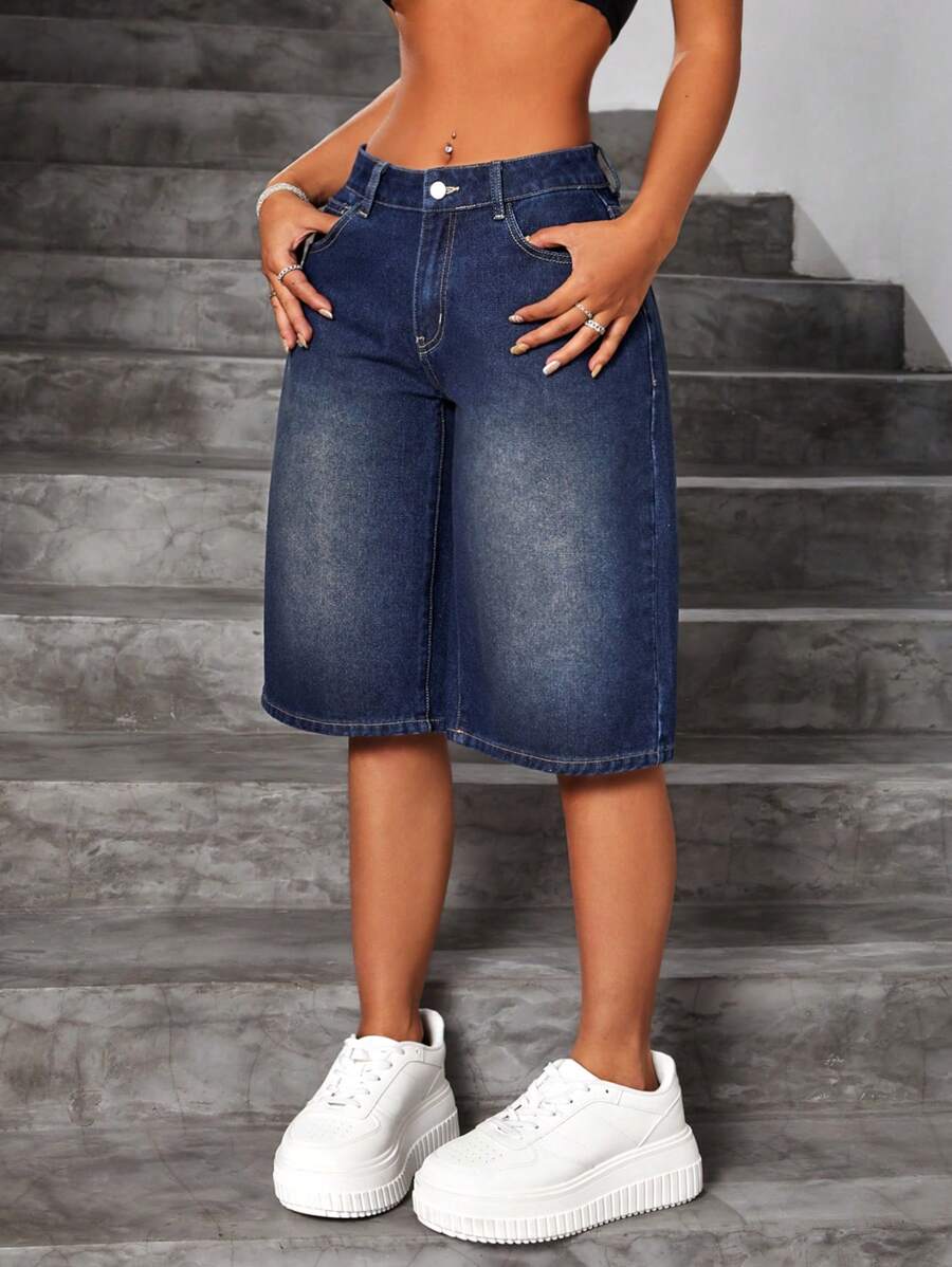 SHEIN ICON Loose Fit Straight Leg Washed Denim Shorts - Dark Wash - View 1