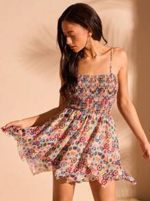 Forever 21 Geometric Pattern Printed Asymmetric Hem Spaghetti Strap Dress, Perfect For Vacation - Khaki - View 1