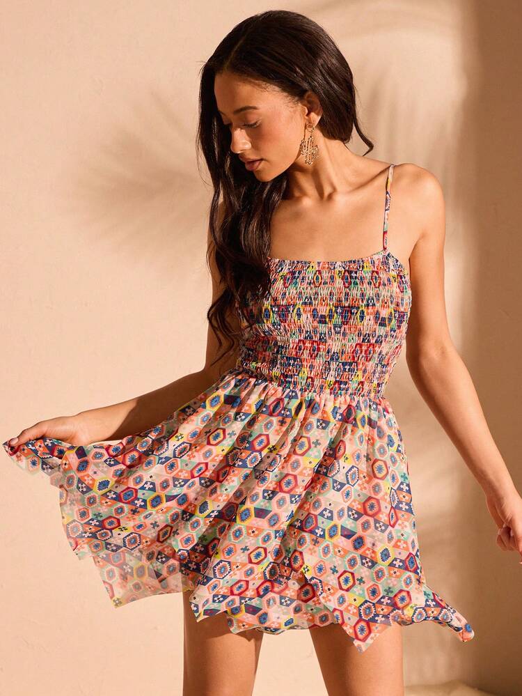 Geometric Pattern Printed Asymmetric Hem Spaghetti Strap Dress, Perfect For Vacation
