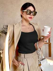 DAZY Áo len cổ vuông biến hình bó sát cho nữ mùa hè - màu đen - Xem 4