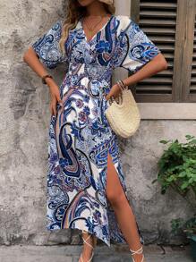 SHEIN LUNE Paisley Print V-Neck Slit Dress Maxi Women Outfit - Blue - View 5