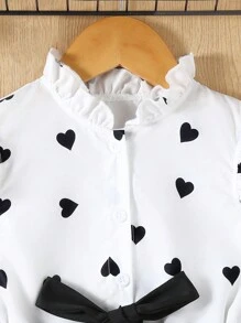 SHEIN Young Girls' Heart Printed Sleeveless Top & Pants Set With Bowknot Belt And Ruffle Hem For Summer - White - View 4