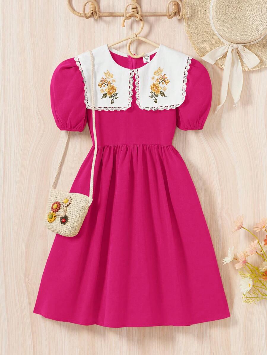 SHEIN 少女時尚可愛短袖連衣裙,對比顏色,刺繡細節,海軍領和氣泡裙邊 - 玫紅色 - 查看 1