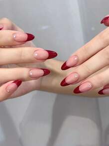 VV MEI JIA ER Valentines Nails Nâng tầm phong cách của bạn với 24 chiếc móng tay giả kiểu Pháp đính đá màu đỏ hạnh nhân dài & 1 chiếc dũa móng tay & 1 tờ băng dính móng tay Bộ dụng cụ làm móng - Màu Đỏ Sâu - Xem 3